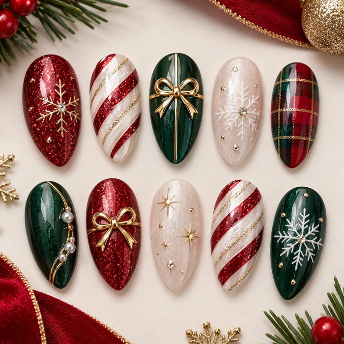 Christmas Press On Nails With Red Glitter, Emerald Green, Candy Cane Stripes, Snowflakes and Gold Bows