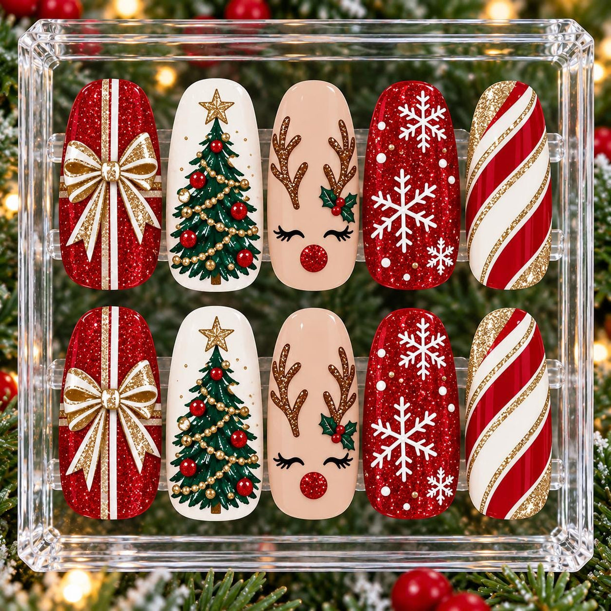 Christmas Press On Nails With Red Glitter, Gold Bows, Trees, Reindeer and Snowflakes