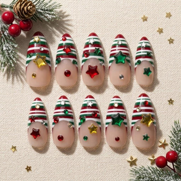 Christmas Press-On Nails with Red, Green and White Striped Tips and Raised Stars