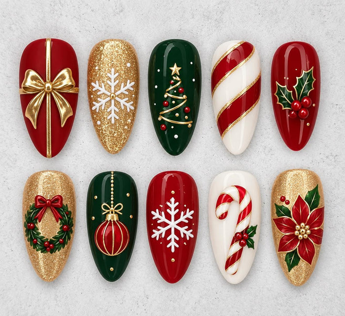 Christmas Press On Nails with Red, Green, Gold Glitter, Bows and Holiday Designs