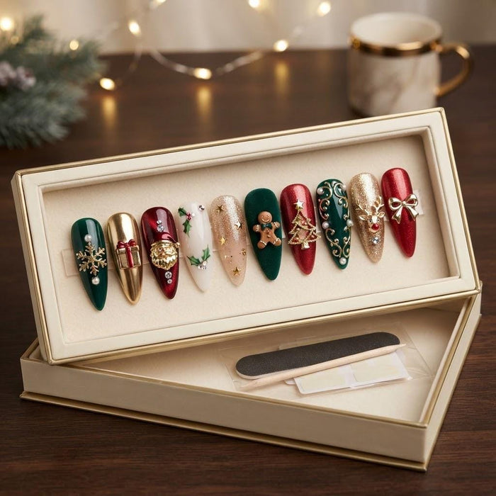 Christmas Press On Nails With Red, Green, Gold, Trees and Gingerbread