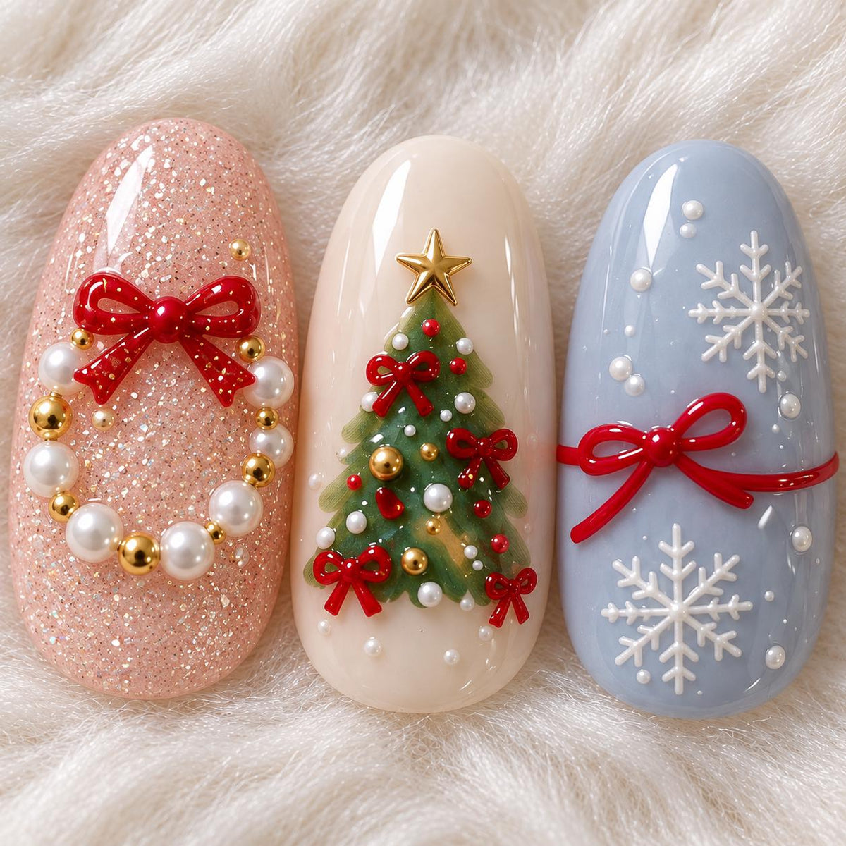 Christmas Press-On Nails with Red Plaid, Glitter, Bows, Trees and Snowflakes