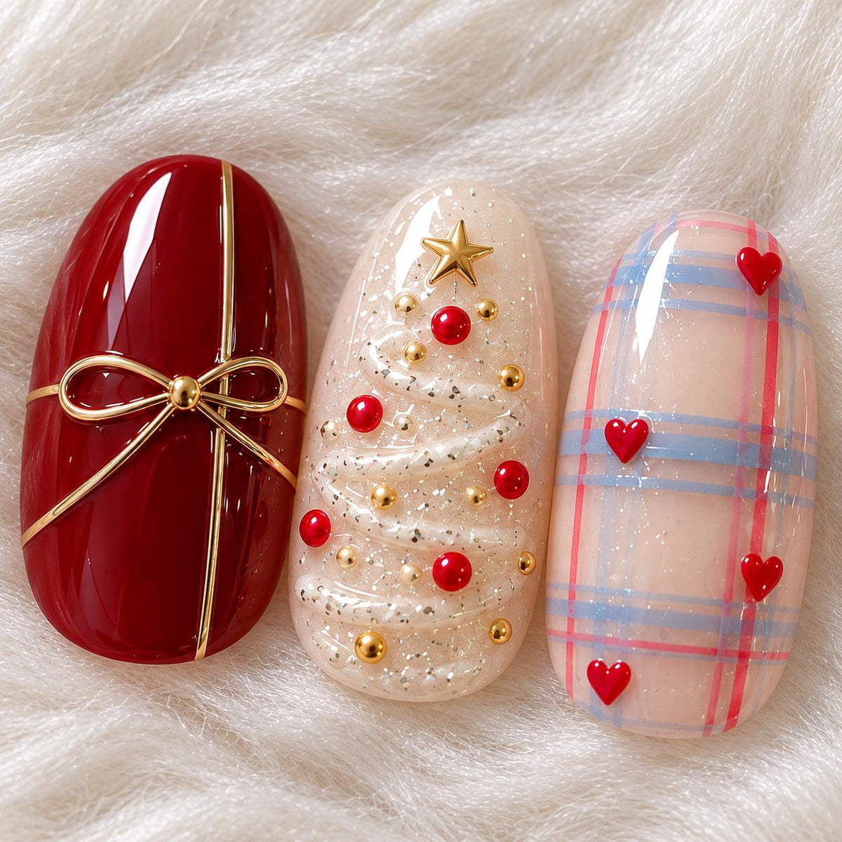 Christmas Press-On Nails with Red Plaid, Glitter, Bows, Trees and Snowflakes