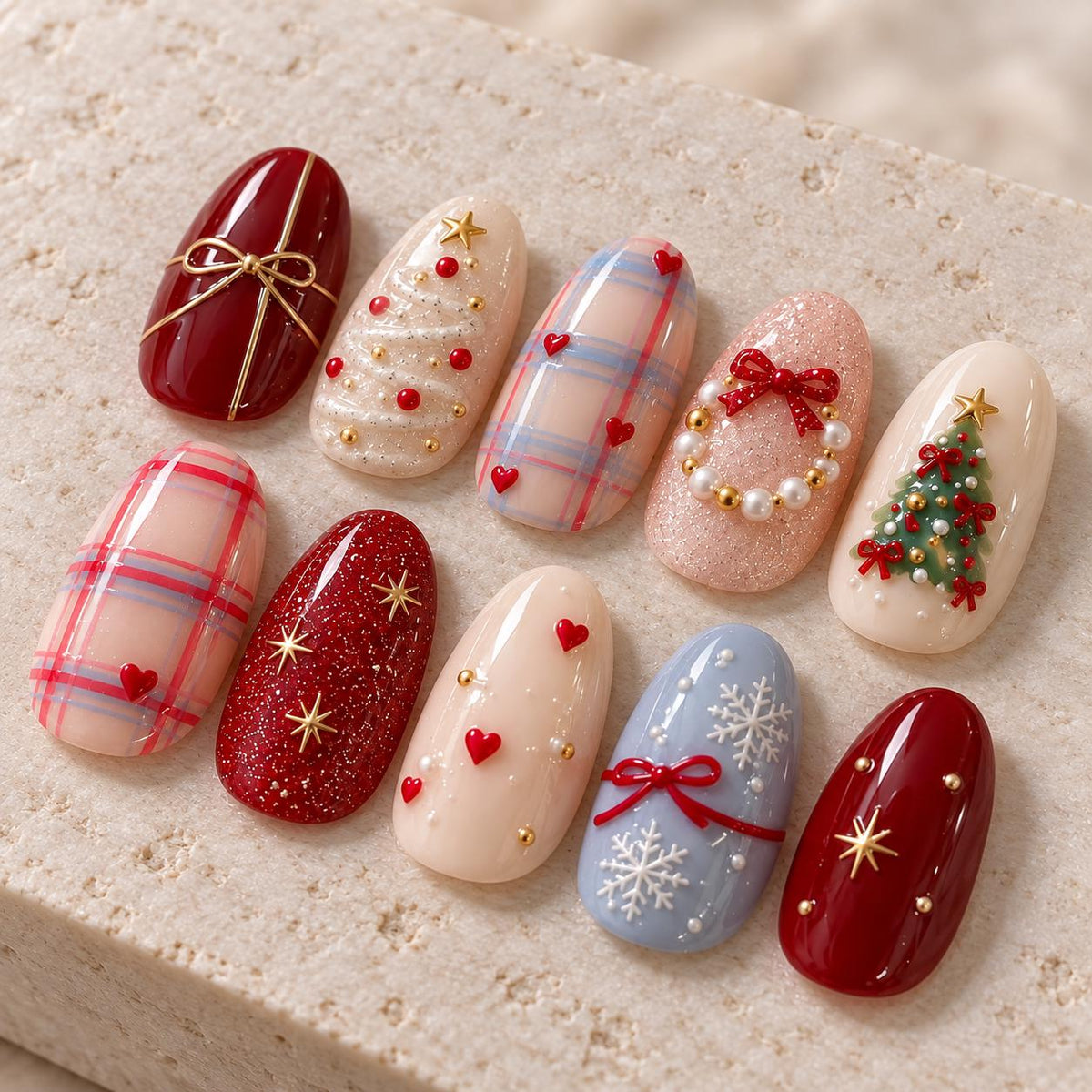Christmas Press-On Nails with Red Plaid, Glitter, Bows, Trees and Snowflakes