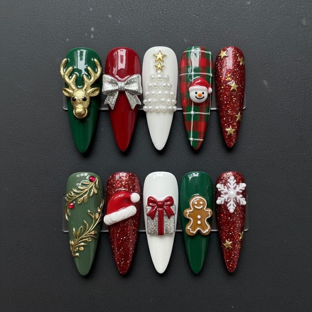 Christmas Press On Nails with Reindeer, Santa, Gingerbread, Bows & Glitter