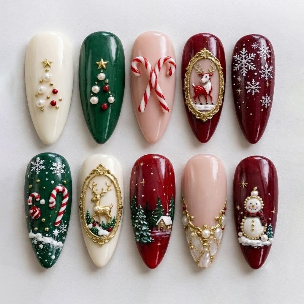 Christmas Press On Nails With Reindeer, Snowflakes, Candy Canes & Trees