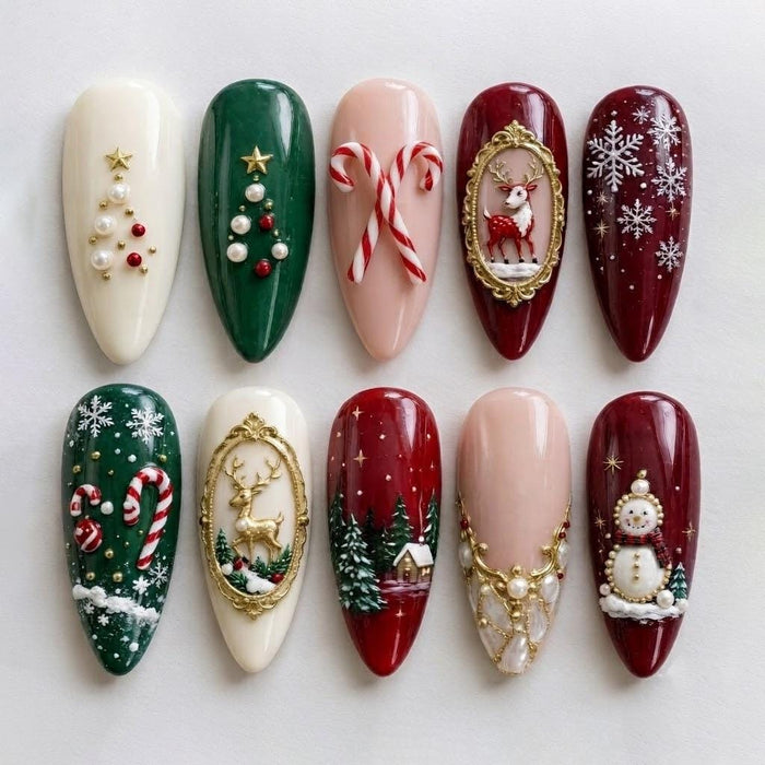 Christmas Press On Nails With Reindeer, Snowflakes, Candy Canes & Trees