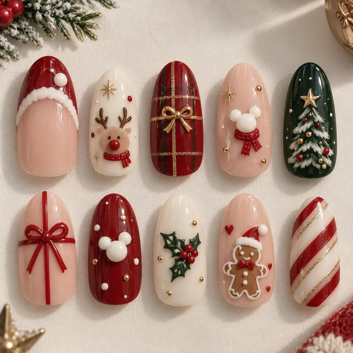Christmas Press-On Nails With Reindeer, Trees, Bows, and Candy Cane Stripes