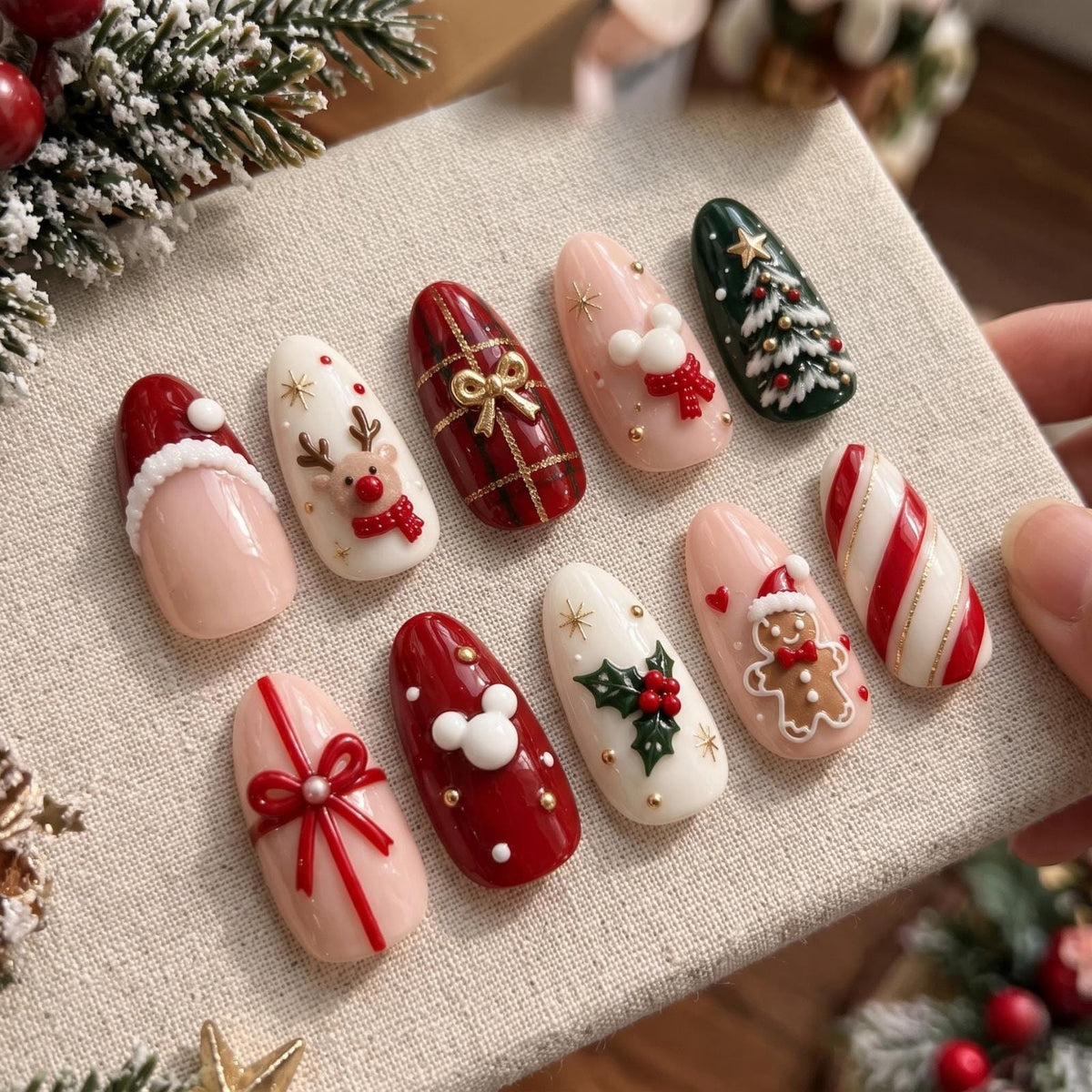 Christmas Press-On Nails With Reindeer, Trees, Bows, and Candy Cane Stripes