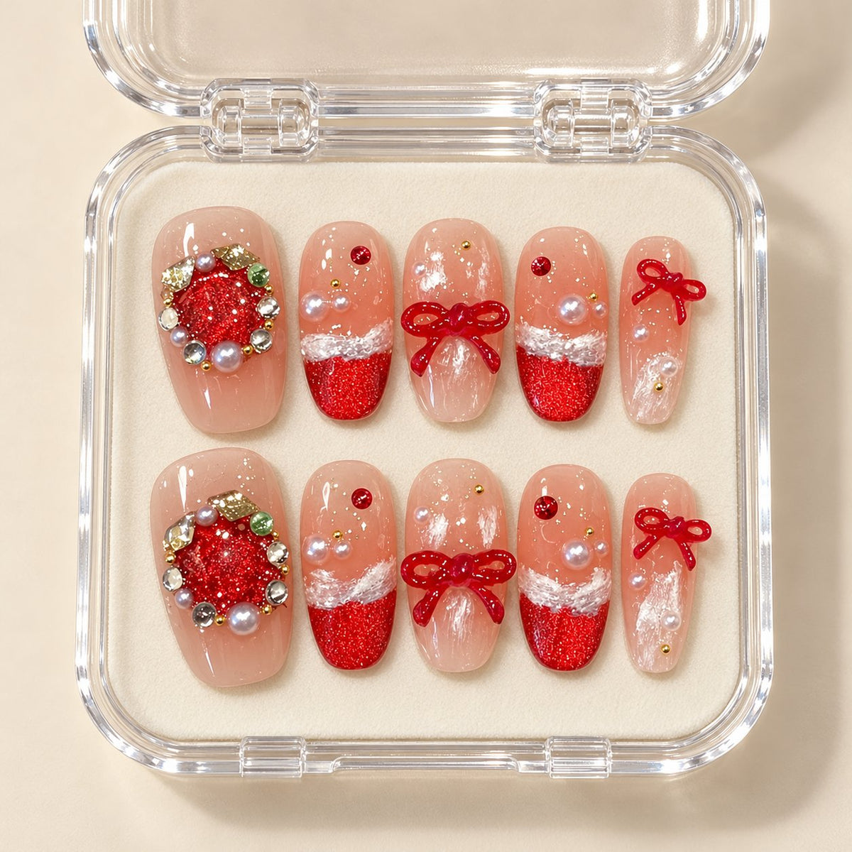 Christmas Press On Nails with Santa Faces, Candy Canes and Christmas Trees in clear acrylic storage box