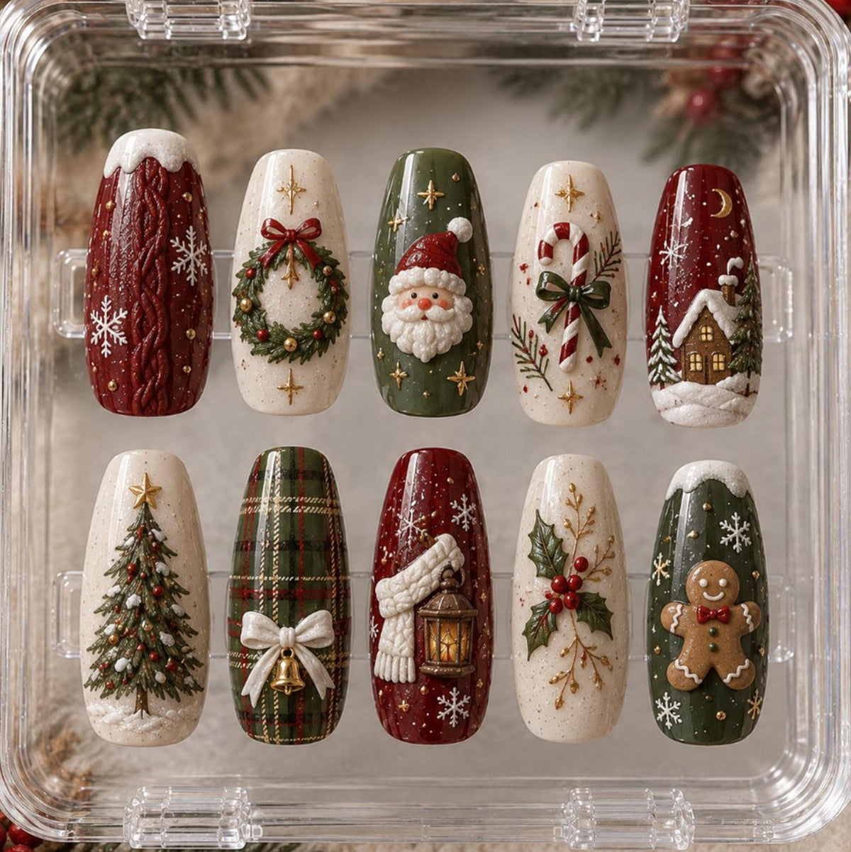 Christmas Press On Nails With Santa, Gingerbread, Wreaths and Winter Scenes