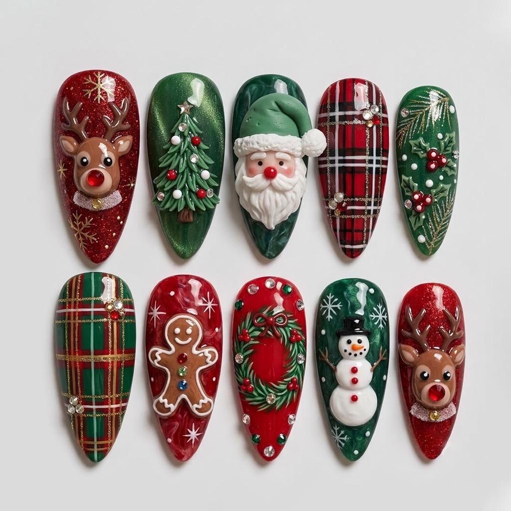 Christmas Press On Nails With Santa, Reindeer, Plaid and 3D Holiday Details