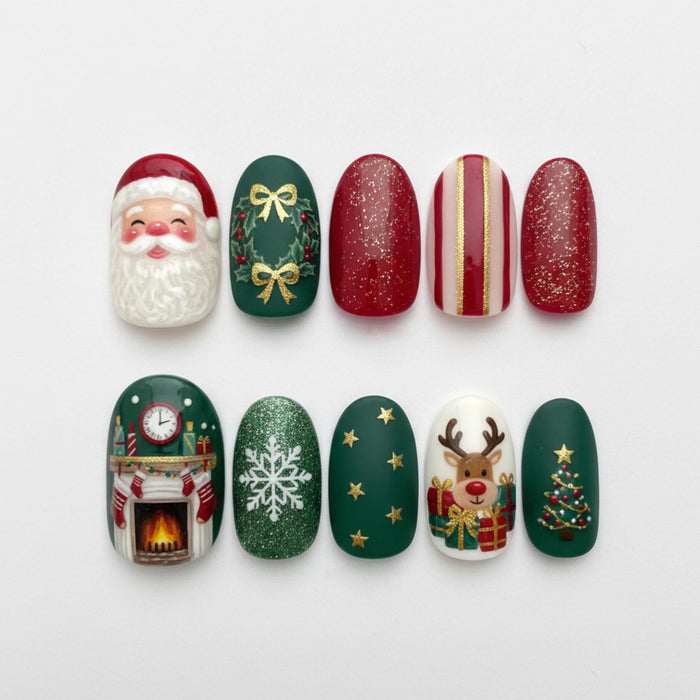 Christmas Press On Nails With Santa, Reindeer, Tree, Snowflake and Gold Details