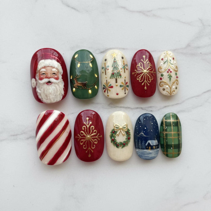 Christmas Press On Nails With Santa, Reindeer, Trees, Wreaths, and Gold Details
