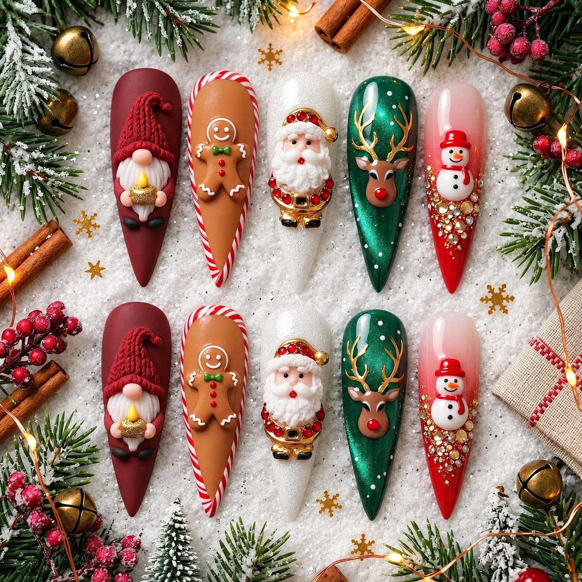 Christmas Press On Nails With Santa, Snowman, Reindeer and Gingerbread Designs