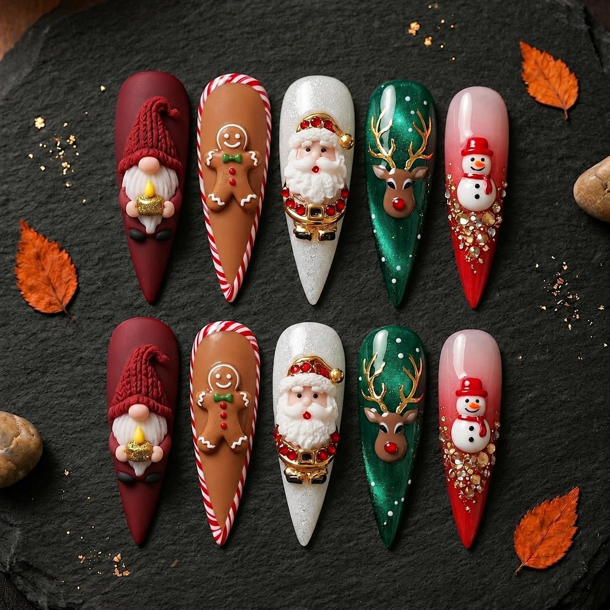 Christmas Press On Nails With Santa, Snowman, Reindeer and Gingerbread Designs