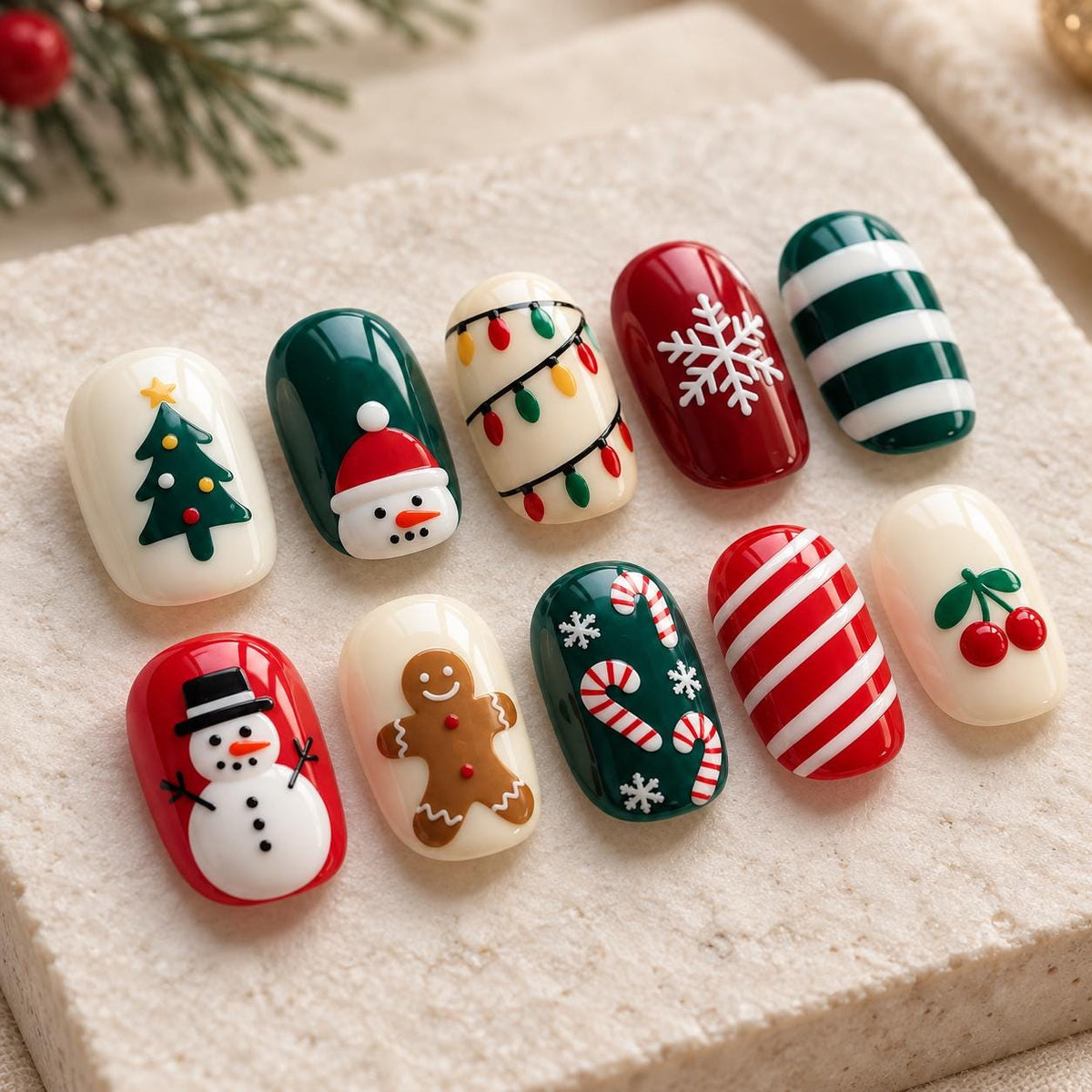 Christmas Press-On Nails With Santa, Snowmen, Candy Canes and Holiday Motifs