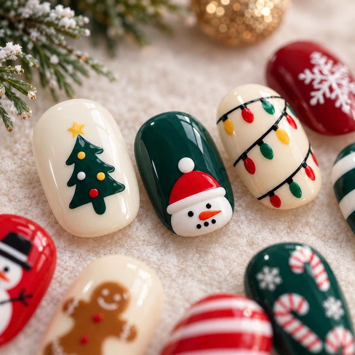 Christmas Press-On Nails With Santa, Snowmen, Candy Canes and Holiday Motifs