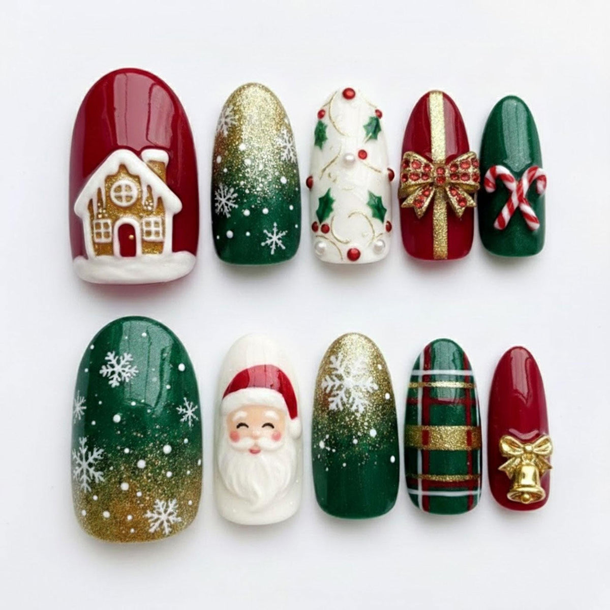 Christmas Press-On Nails with Santa, Snowy Cottage, Plaid and Gold Details