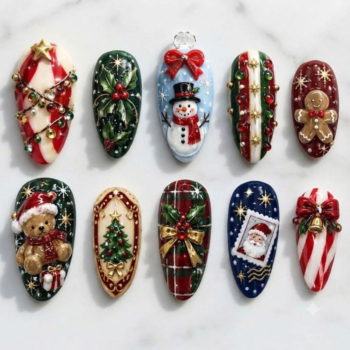 Christmas Press-On Nails With Snowmen, Candy Canes, Gingerbread & 3D Holiday Details