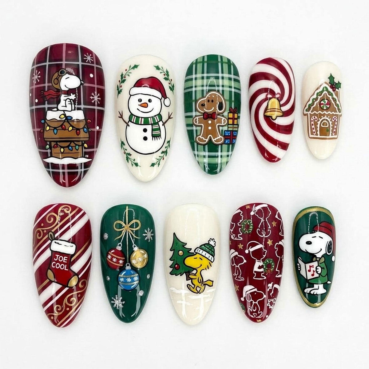 Christmas Press-On Nails With Tartan Plaid, Candy Canes and Holiday Art