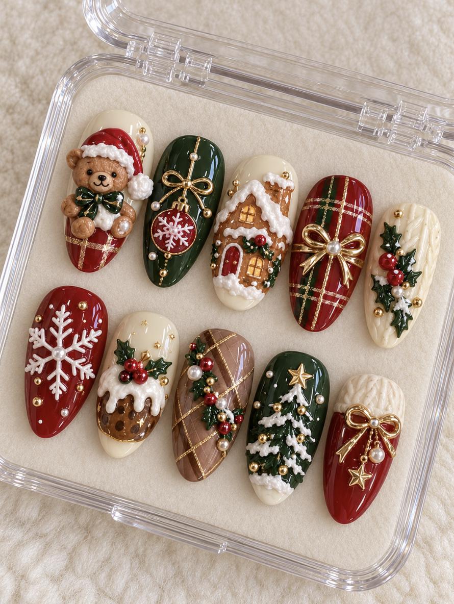 Christmas Press On Nails with Teddy Bear, Gingerbread House, Plaid and Gold Bows