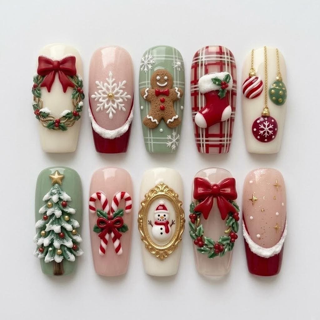 Christmas Press On Nails With Wreaths, Gingerbread, Snowman, Plaid and Ornaments