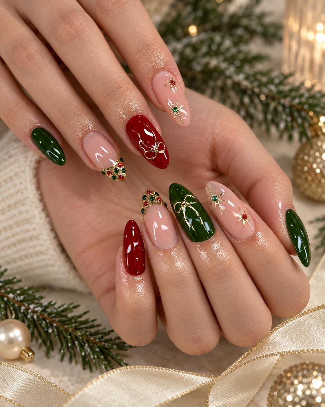 Christmas Red and Emerald Green Nails with Gold Bows and Rhinestones
