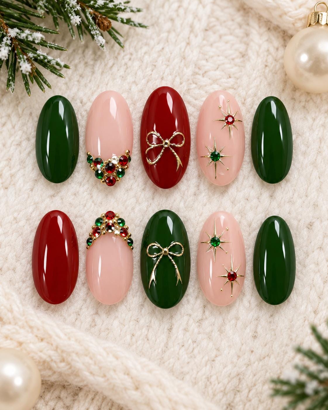 Christmas Red and Emerald Green Nails with Gold Bows and Rhinestones
