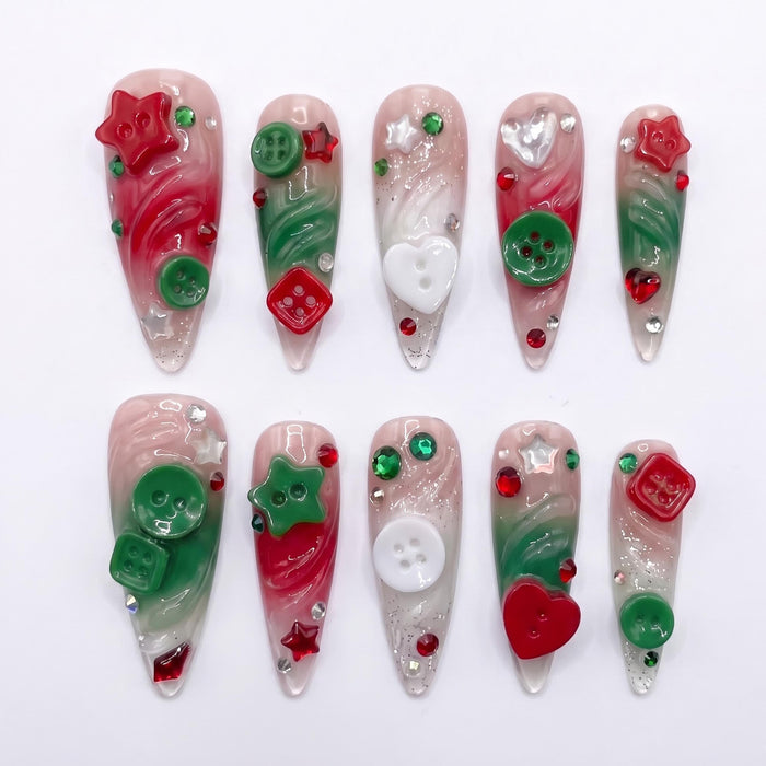 Christmas Red and Green Button Press-On Nails With Swirls, Glitter and Rhinestones