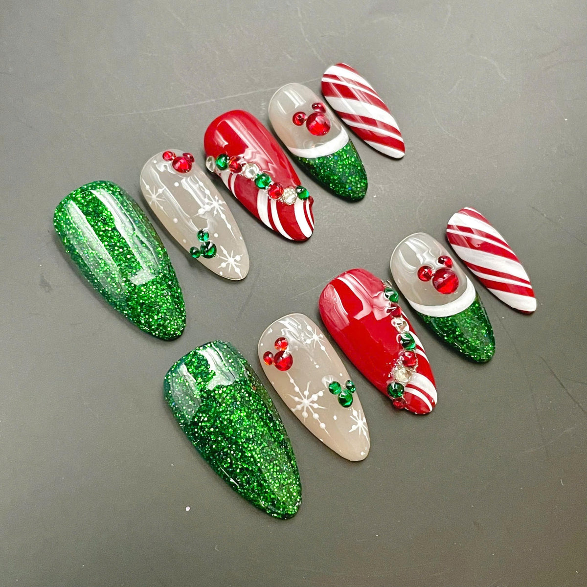 Christmas Red and Green Glitter Mouse Ear Nails With Snowflakes and Candy Cane Stripes