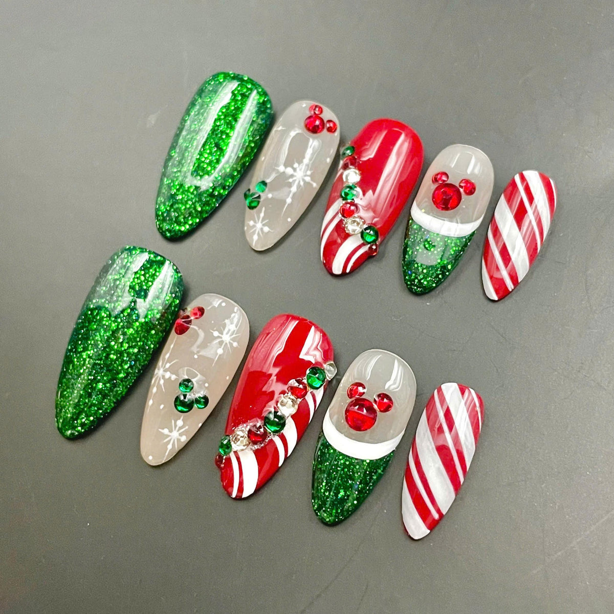 Christmas Red and Green Glitter Mouse Ear Nails With Snowflakes and Candy Cane Stripes