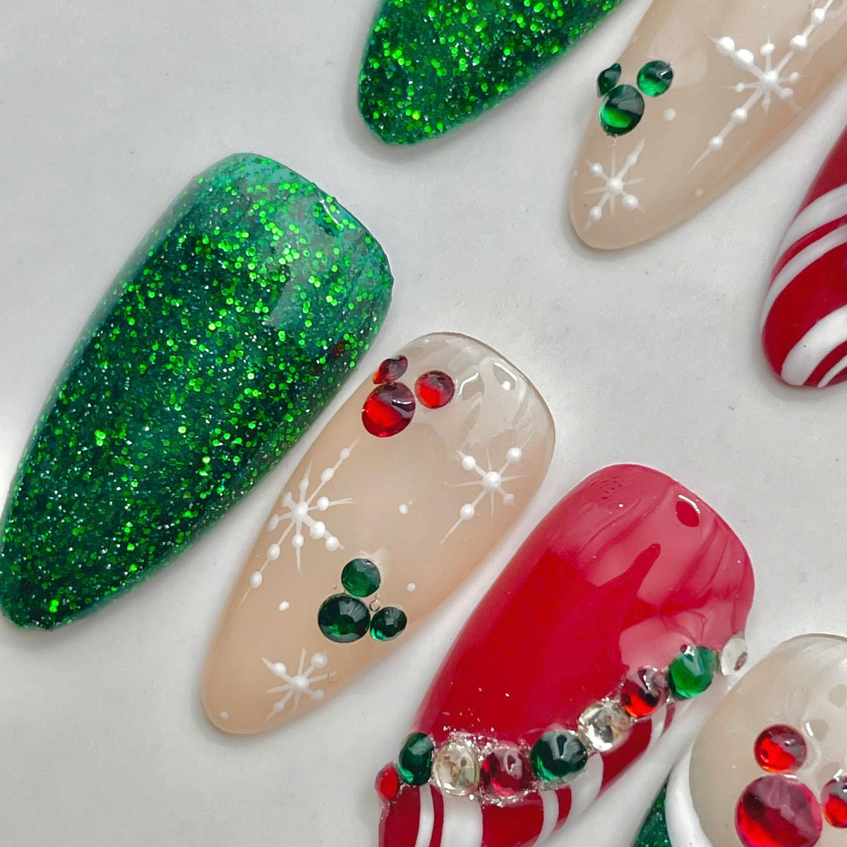 Christmas Red and Green Glitter Mouse Ear Nails With Snowflakes and Candy Cane Stripes