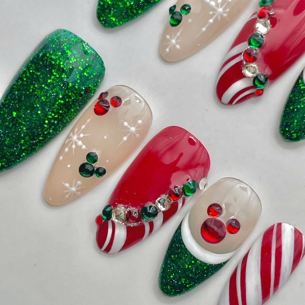 Christmas Red and Green Glitter Mouse Ear Nails With Snowflakes and Candy Cane Stripes
