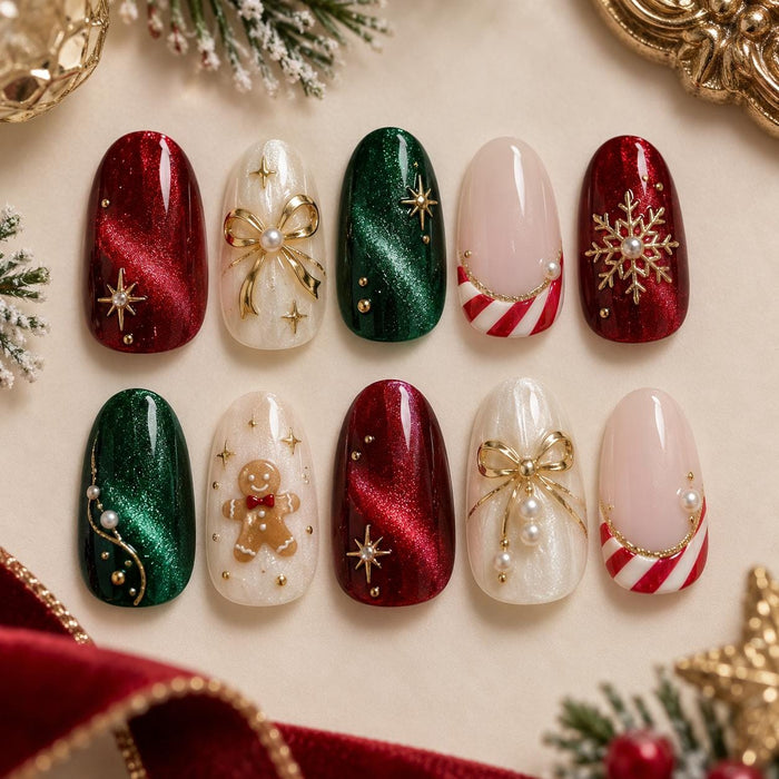 Christmas Red and Green Glitter Press On Nails with Gold Bows and Snowflake