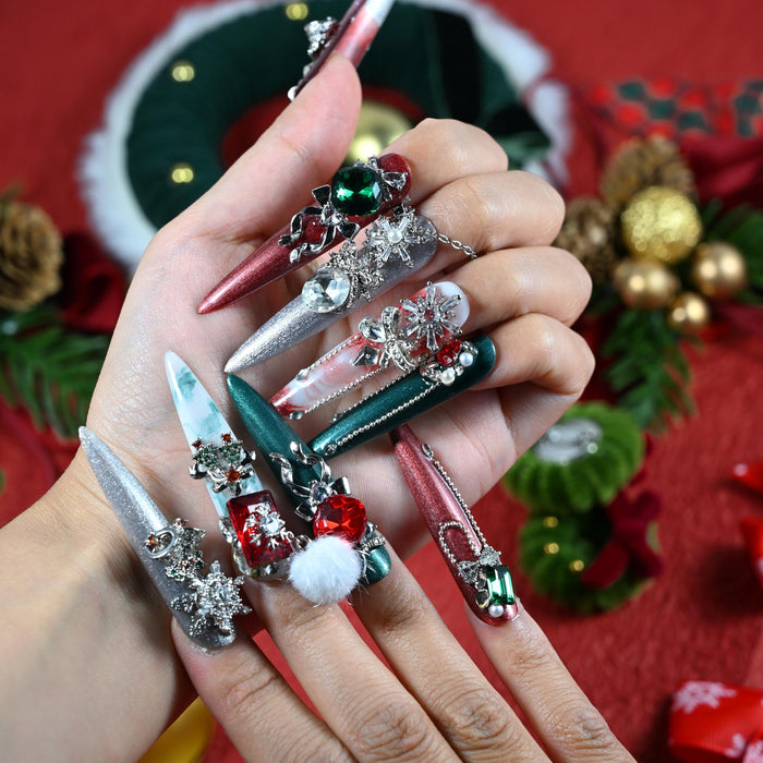 Christmas Red and Green Rhinestone Press On Nail Set With 3D Charms