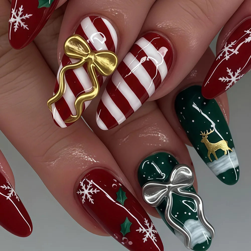 Christmas Red and Green Stripe Press On Nails With 3D Metallic Bows