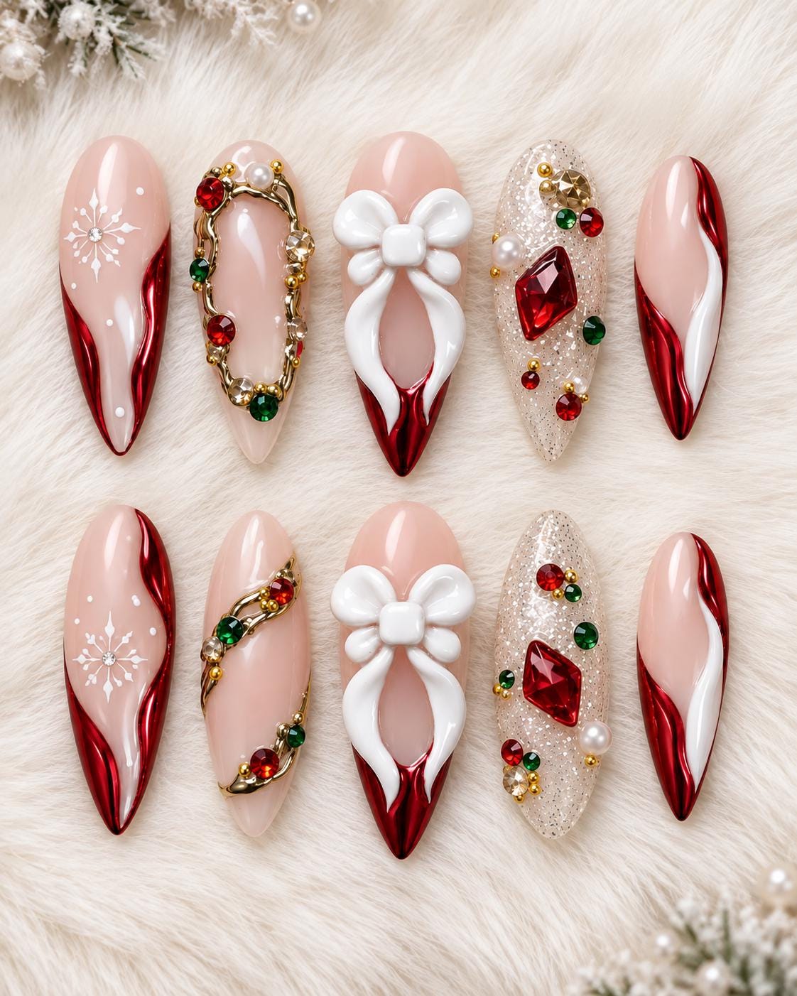 Christmas Red and Nude Nails with 3D White Bows, Snowflakes and Rhinestones