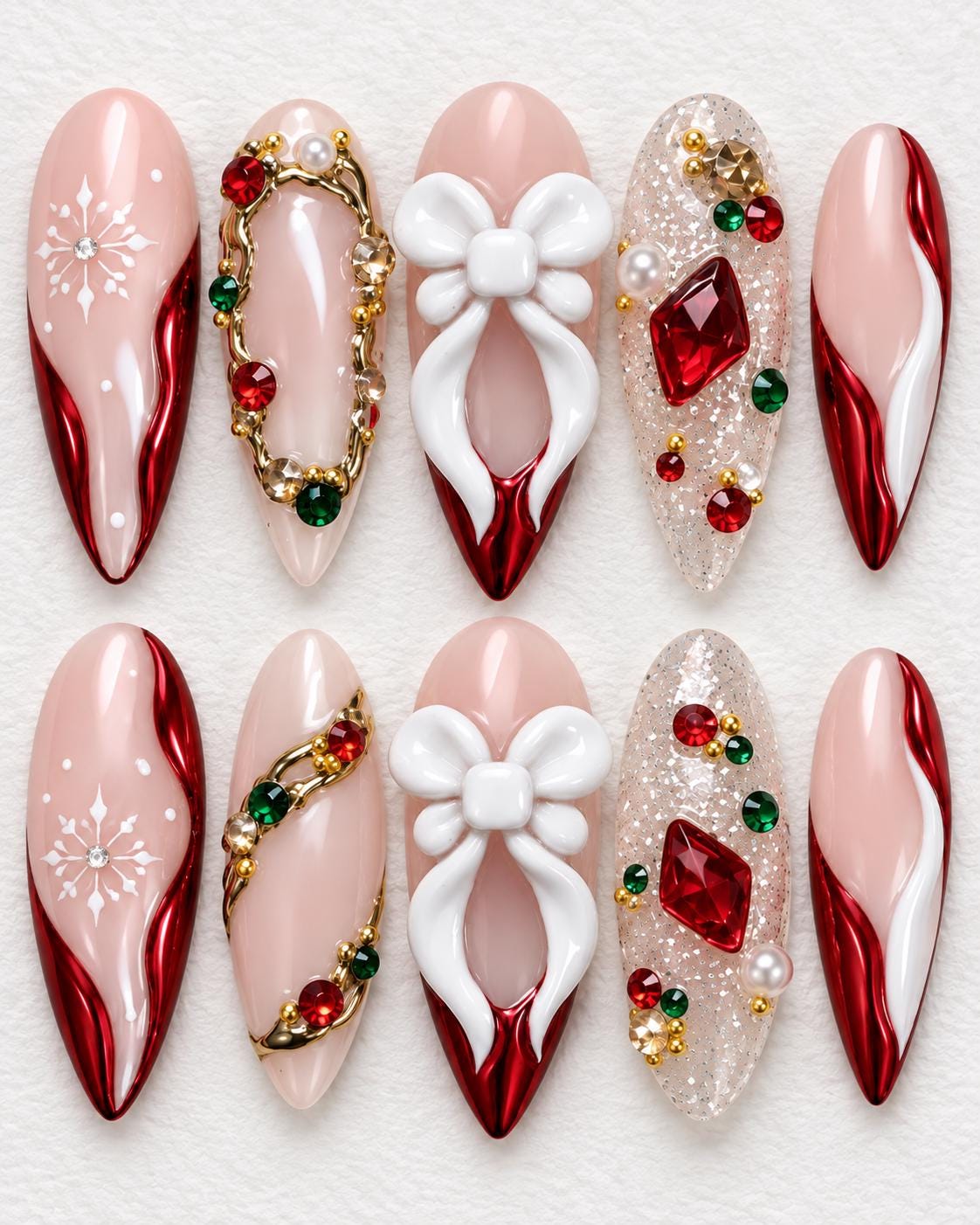 Christmas Red and Nude Nails with 3D White Bows, Snowflakes and Rhinestones