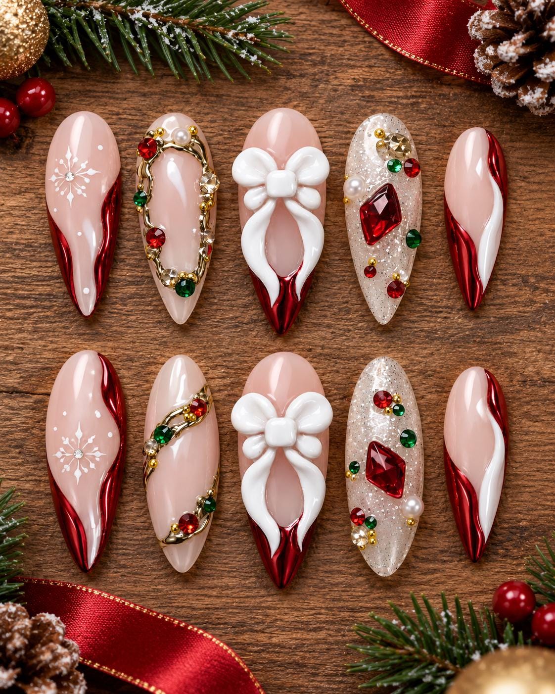 Christmas Red and Nude Nails with 3D White Bows, Snowflakes and Rhinestones