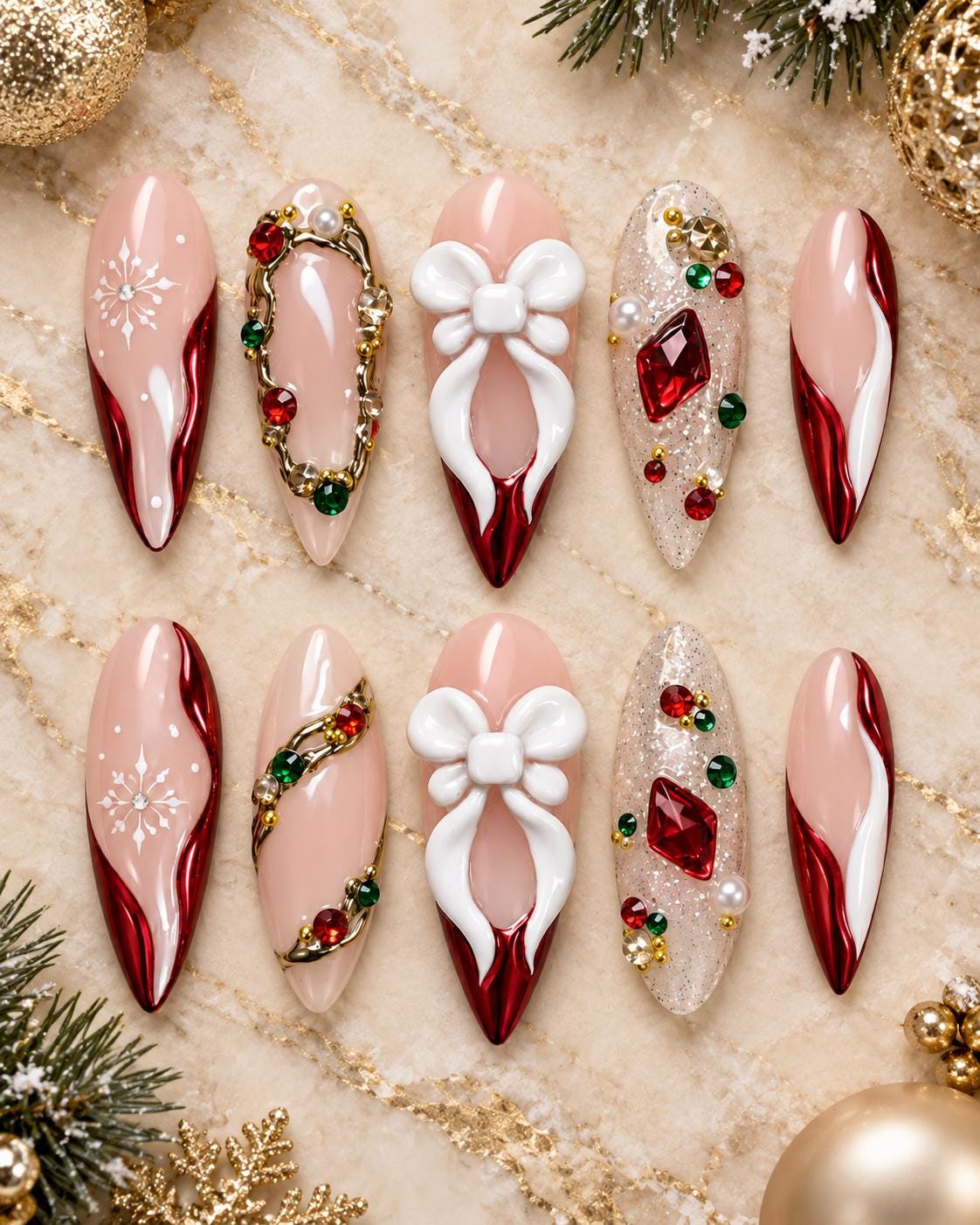 Christmas Red and Nude Nails with 3D White Bows, Snowflakes and Rhinestones