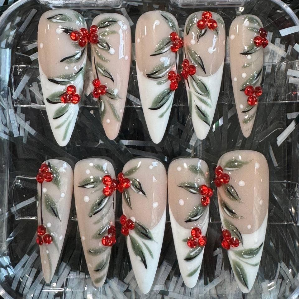 Christmas Red Berry and Greenery French Tip Nail Set