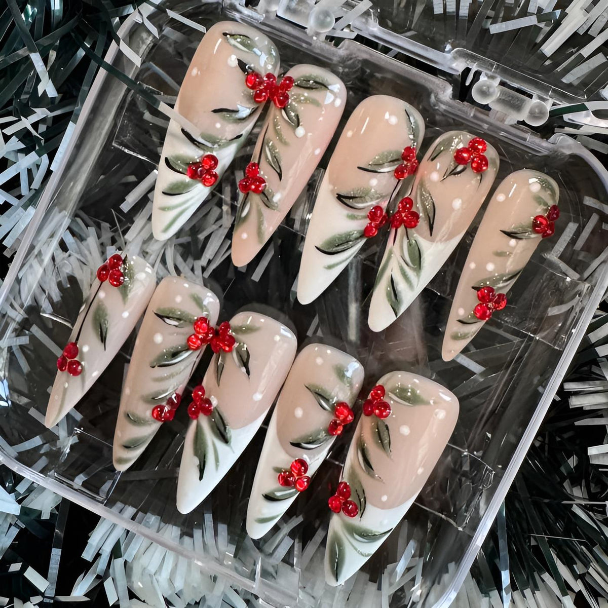 Christmas Red Berry and Greenery French Tip Nail Set