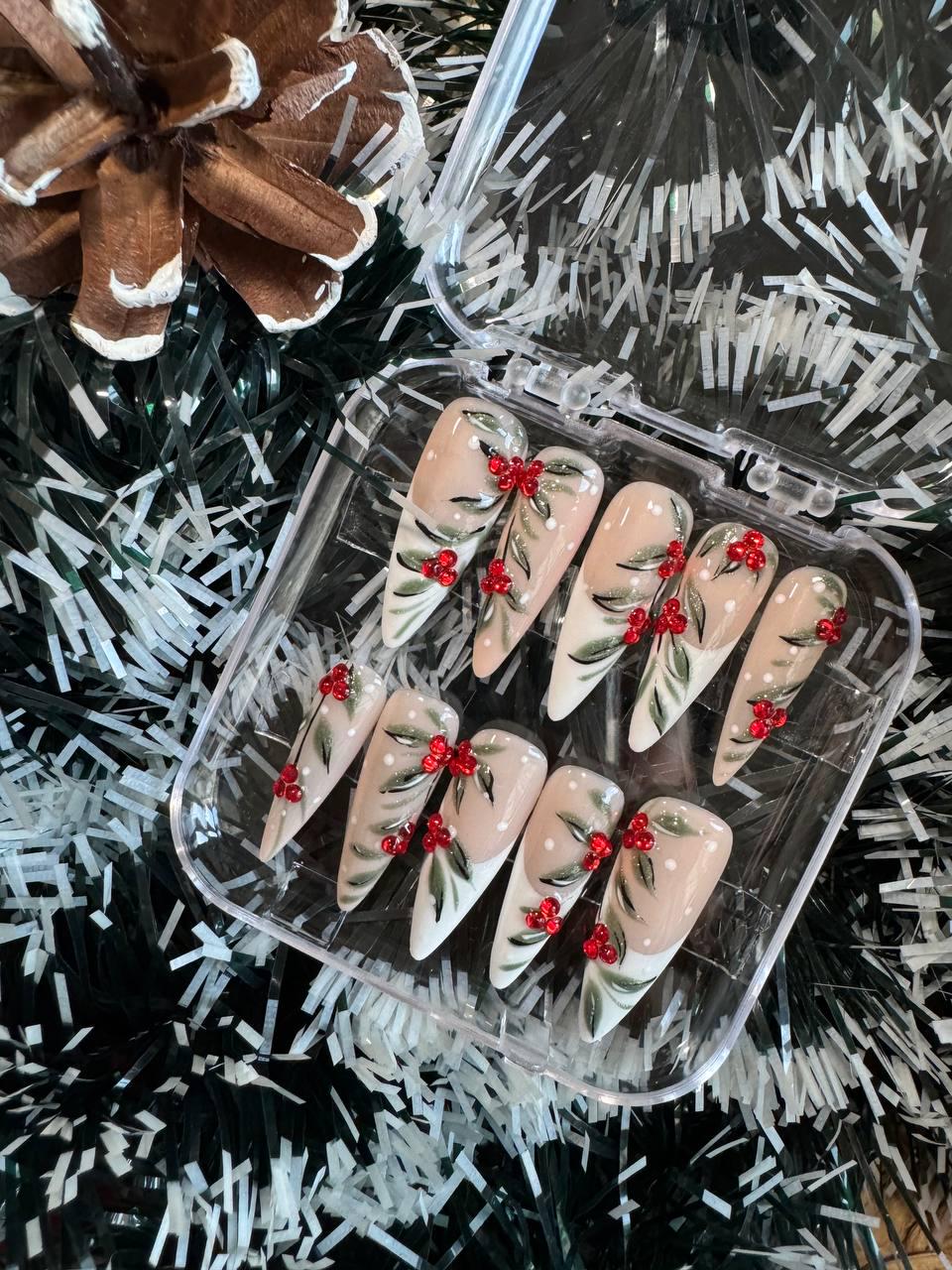 Christmas Red Berry and Greenery French Tip Nail Set