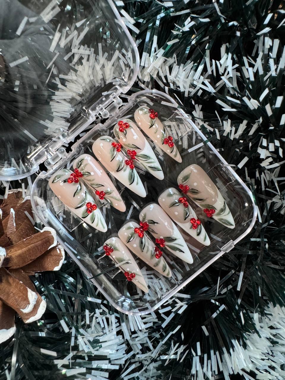 Christmas Red Berry and Greenery French Tip Nail Set