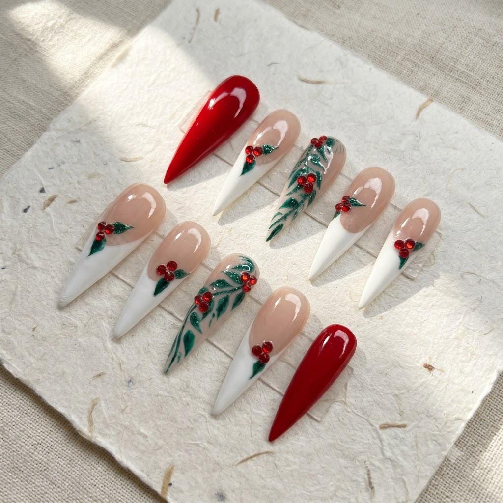 Christmas Red French Tip Nails with Holly Leaves and Rhinestone Berries