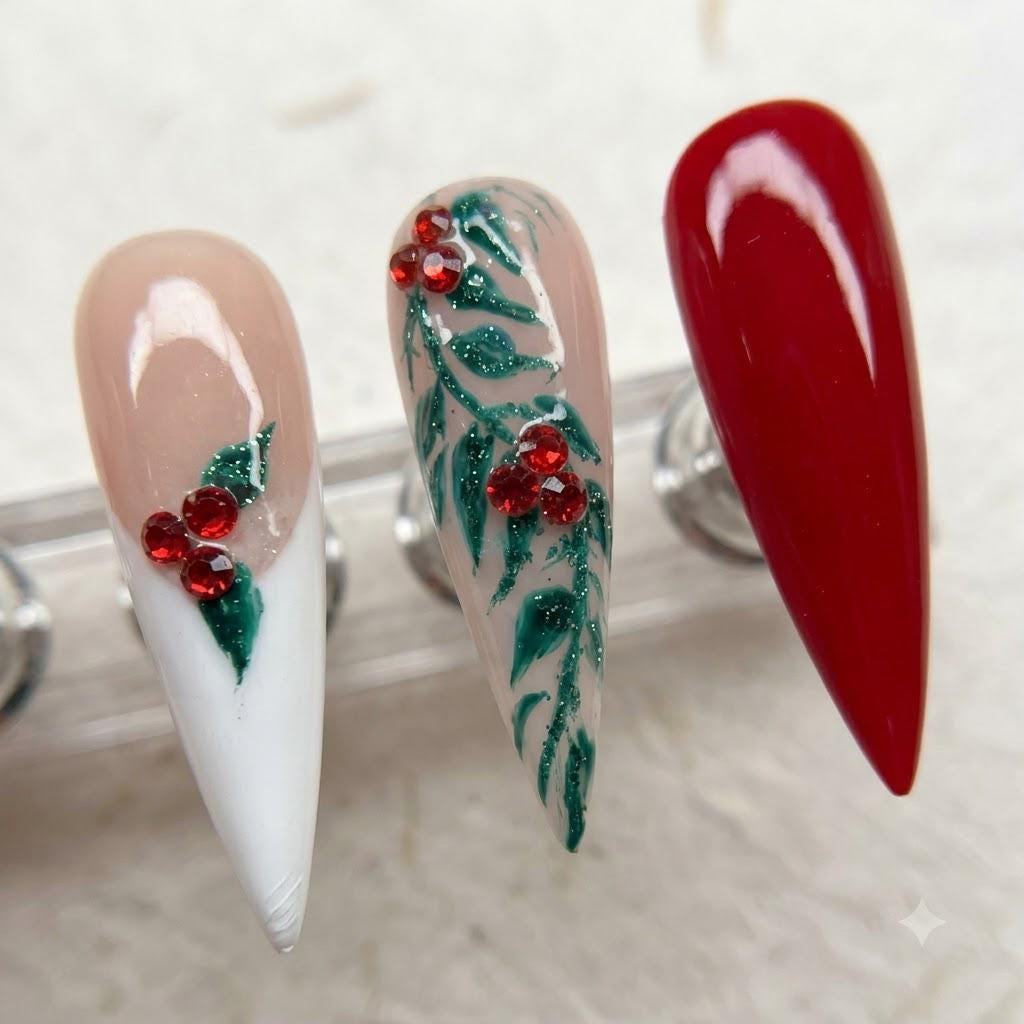 Christmas Red French Tip Nails with Holly Leaves and Rhinestone Berries