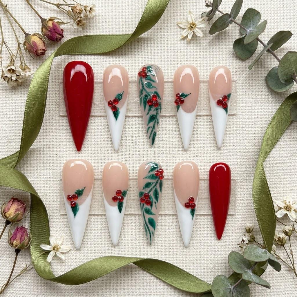 Christmas Red French Tip Nails with Holly Leaves and Rhinestone Berries