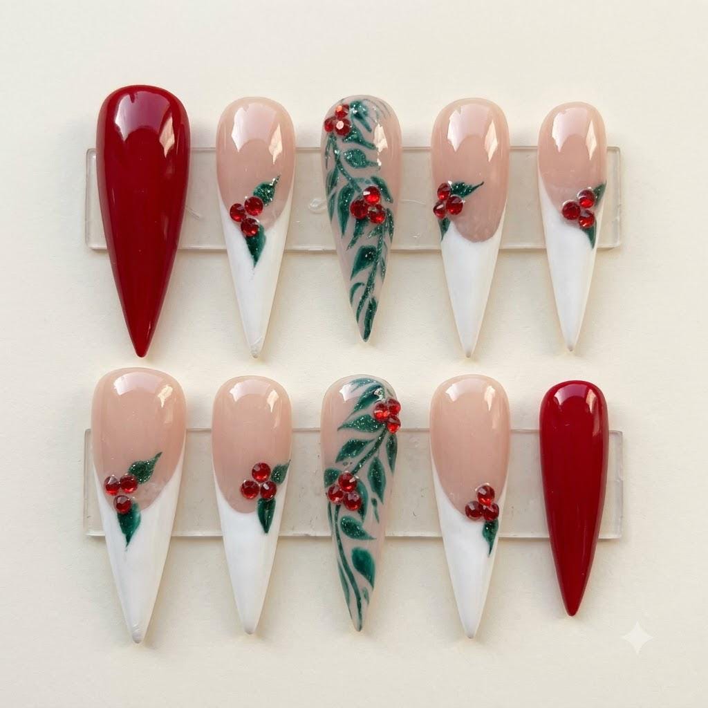 Christmas Red French Tip Nails with Holly Leaves and Rhinestone Berries
