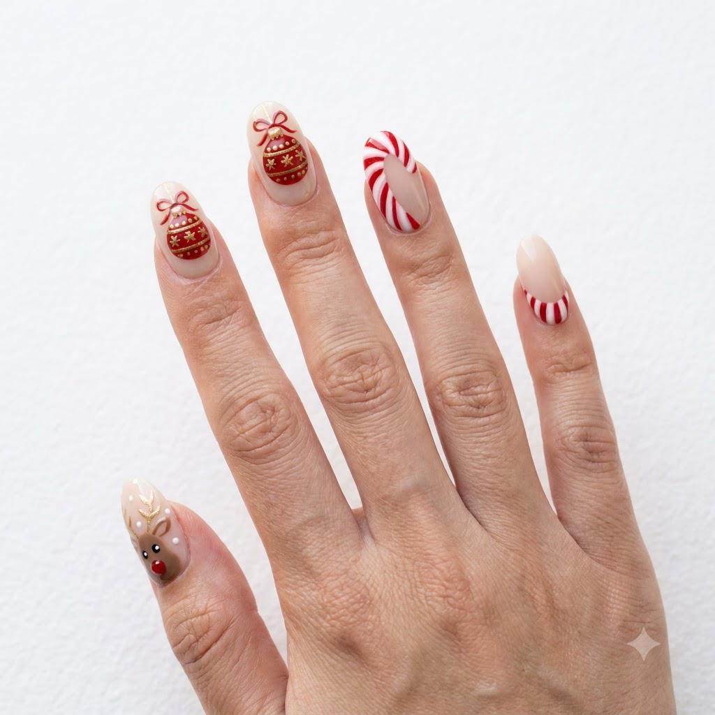 Christmas Red Glitter and Gold Reindeer Nail Set